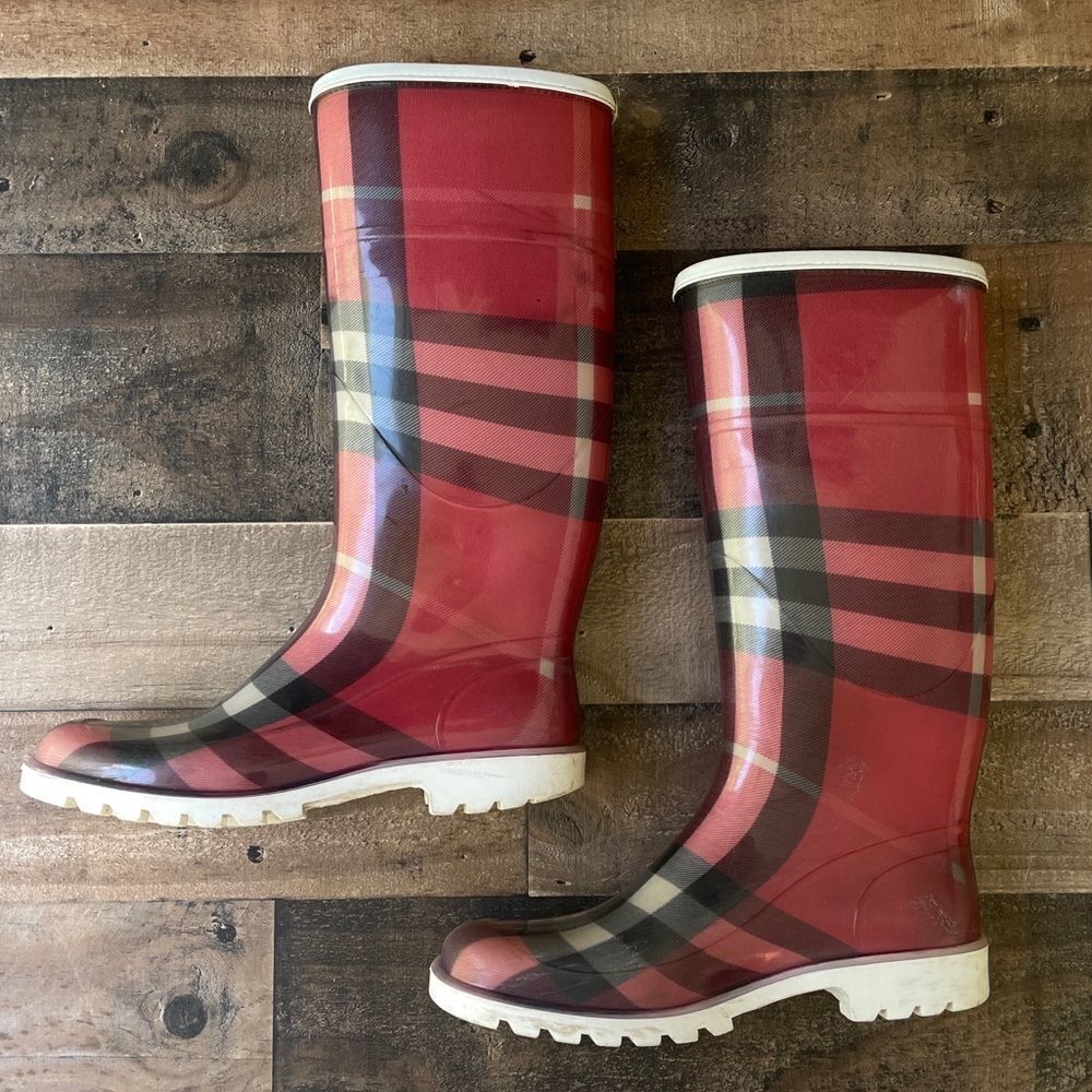 Burberry Nova Check Red Rain Boots Size 36/6 - Picture 4 of 13